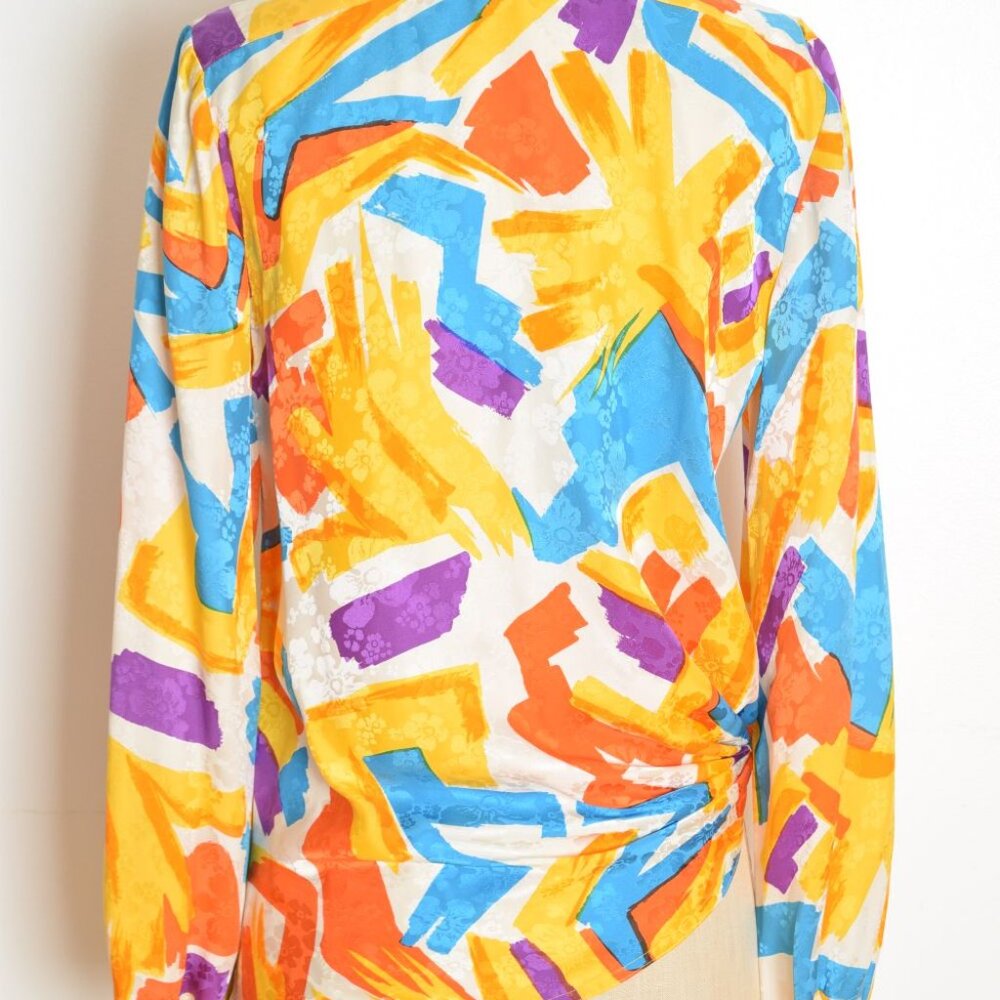 vintage 80s silk wrap blouse top shirt white yellow brush stroke print Argenti L - Picture 8 of 10